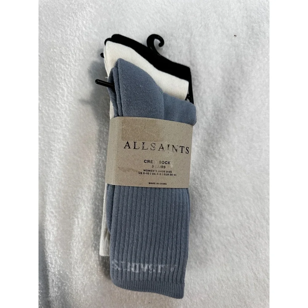 AllSaints Crew Sock 3 Pairs Womens Blue White Black Logo Ribbed Knit 5-10 NEW